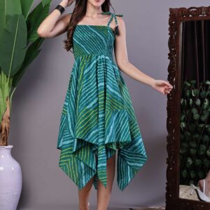 Women's Leheriya Asymmetrical Hem Smocked A-Line Dress Midi Dresses